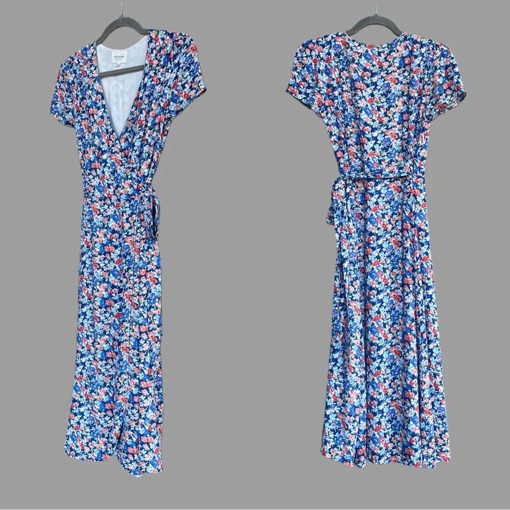 SEZANE Blue Pink Floral Printed V Neck Amber Midi Wrap Dress Summer Sun Dress